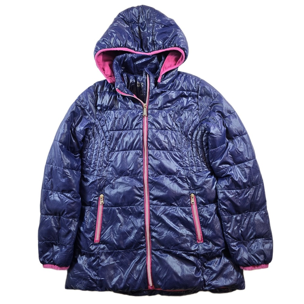 Michael Kors Puffer Jacket Girls Size 14 Navy Blue Pink Fleece Hooded Coat
